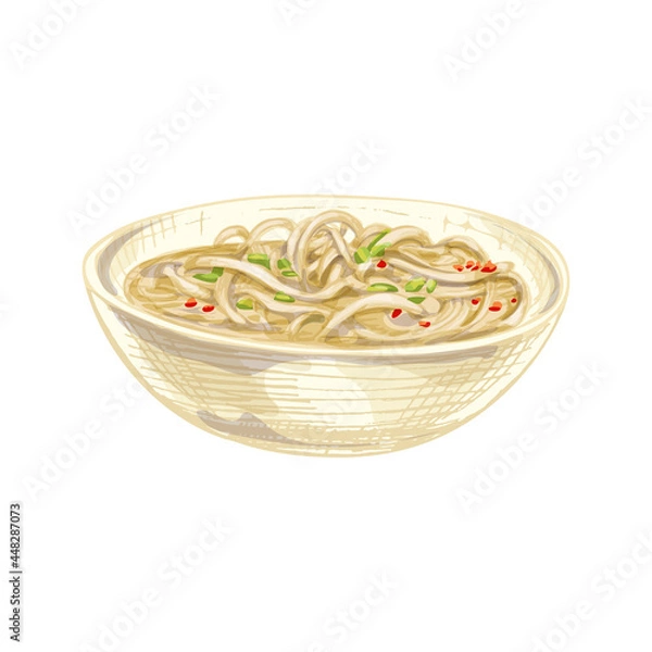 Obraz Noodle soup in plate. Vintage vector hatching color hand drawn illustration isolated