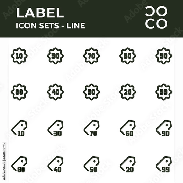 Fototapeta Vector illustration of Tag and label icon sets. Outline icon. Dark green color. Suitable for use in applications, websites, social media, brochures, etc