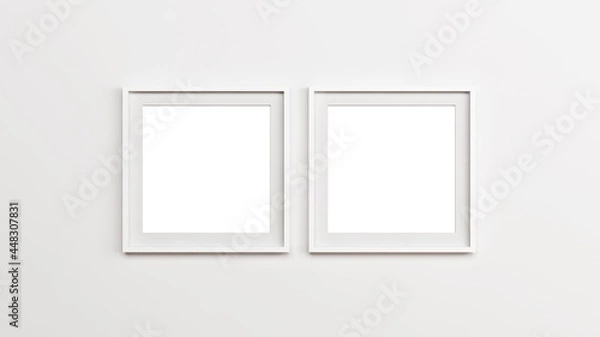 Fototapeta White square wooden frames mockup. Two white square wooden frames on the empty white wall.