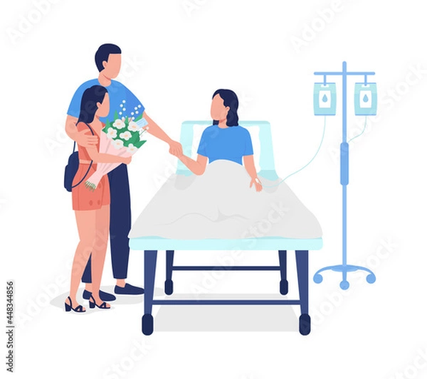 Fototapeta Man with daughter visiting wife in hospital semi flat color vector characters. Full body people on white. Patient care isolated modern cartoon style illustration for graphic design and animation