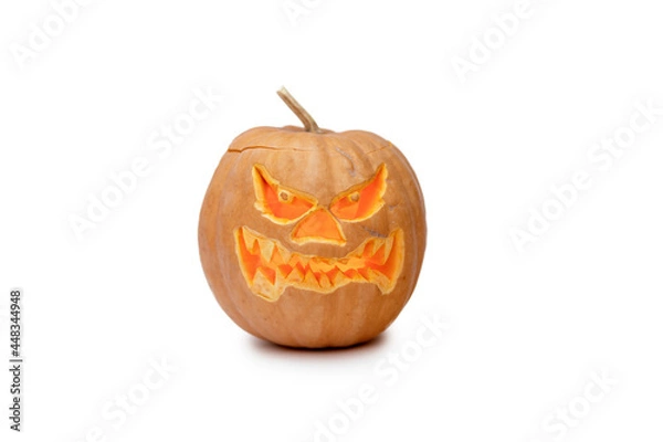 Obraz Jack-o-Lantern Pumpkin on white background. Autumn holiday, isolated subject.
