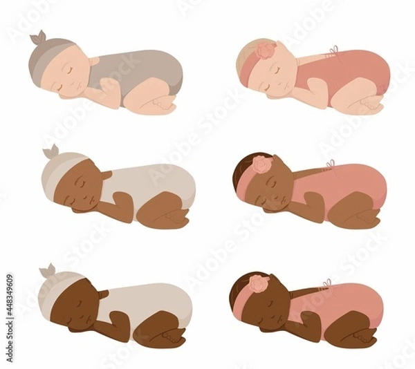 Obraz Collection of newborn baby with different skin tone. New baby in romper lying and sleeping. Girl and boy children.