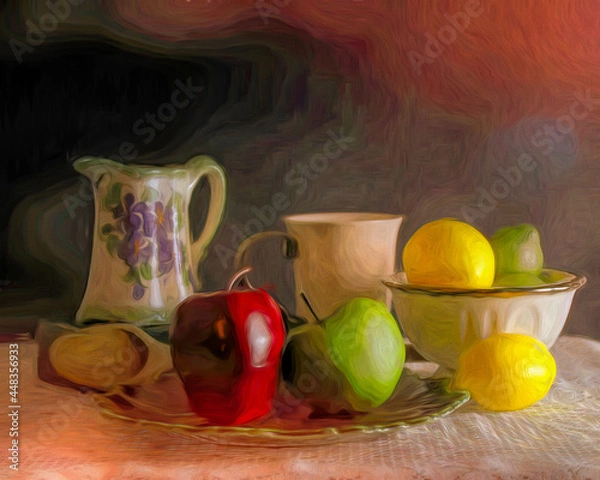 Obraz Still life with fruits and dishes with added texture
