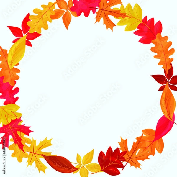 Fototapeta Autumn background frame with colored falling leaves. Vector illustration