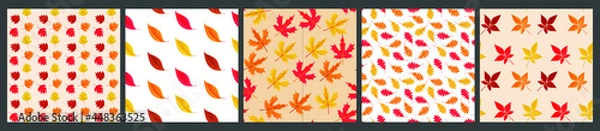 Fototapeta Vector set of 4 seamless patterns of falling leaves. Background for textile or book covers, wallpapers, design, graphic art, printing, hobby, invitation.