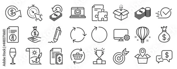 Fototapeta Set of line icons, such as Get box, Money bag, Monitor settings icons. Recycling, Technical info, Wineglass signs. Package location, Timer, Checkbox. Loop, Income money, Cashback. Strategy. Vector