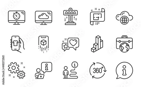 Fototapeta Technology icons set. Included icon as Shop app, Architectural plan, Augmented reality signs. 3d chart, Cloud storage, Heart symbols. 360 degree, Work, Attraction. Cloud computing. Vector