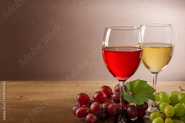 Fototapeta Wine composition with wine glasses and grape. Still life of glasses of red and white wine and variety of grape.