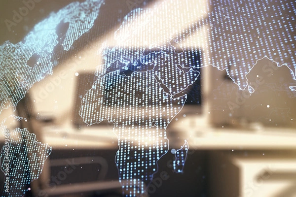 Fototapeta Multi exposure of abstract graphic world map and modern desk with computer on background, connection and communication concept