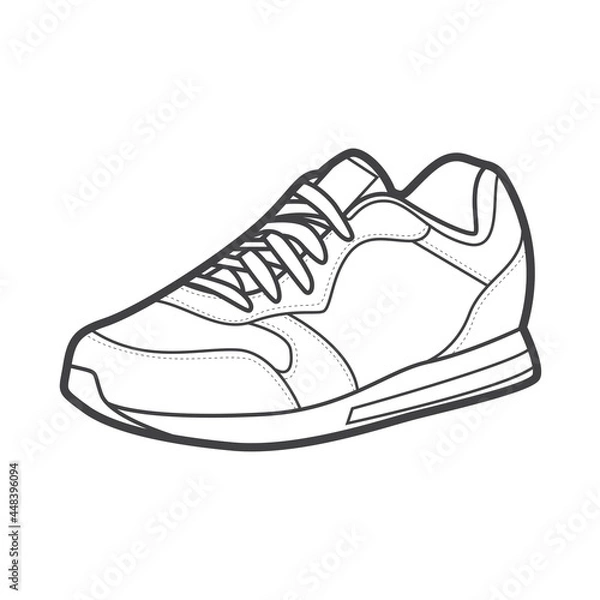 Obraz Sneakers. Shoes sneaker outline drawing vector, Sneakers drawn in a sketch style, black line sneaker trainers template outline, vector Illustration.