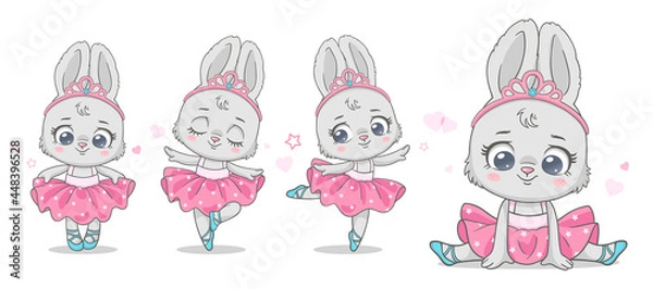 Fototapeta Vector illustration of a cute baby  bunny ballerina in pink tutu with crown.