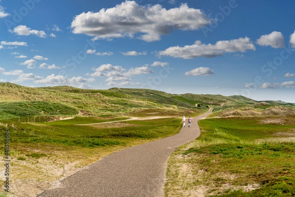 Fototapeta Wanderweg auf dem Deich zur Nordsee mit Wolken am Himmel bei Julianadorp aan Zee, Den Helder, Nordholland, Niederlande