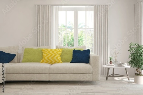 Fototapeta Minimalist living room in white color with sofa and summer landscape in window. Scandinavian interior design. 3D illustration
