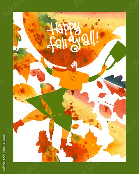 Fototapeta A portrait of a woman surrounded by falling autumn leaves, as a metaphor for the beauty of autumn.Drawing for a card, poster, banner, background