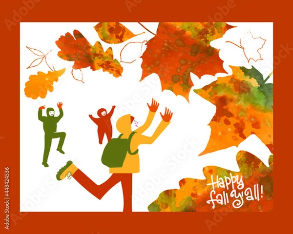 Fototapeta children play  with falling leaves, happy, cheerful, showering themselves with leaves, jumping, rejoicing. Drawing for a poster, card, background, banner