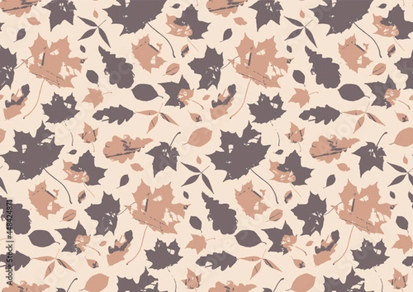 Fototapeta Seamless pattern with the image of autumn foliage in a warm chocolate-caramel color scheme. for packaging, fabric, wallpaper. There is a pattern sample in the file.