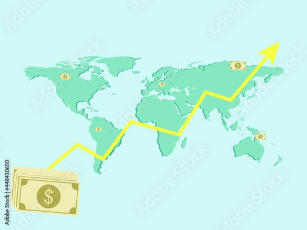 Obraz world map with growth chart falling dollar, economy, vector illustration