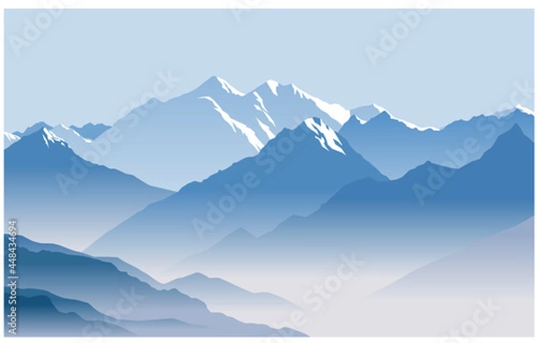 Fototapeta Snow-capped mountain peaks. Great mountain range. Vector image for prints, poster and illustrations.