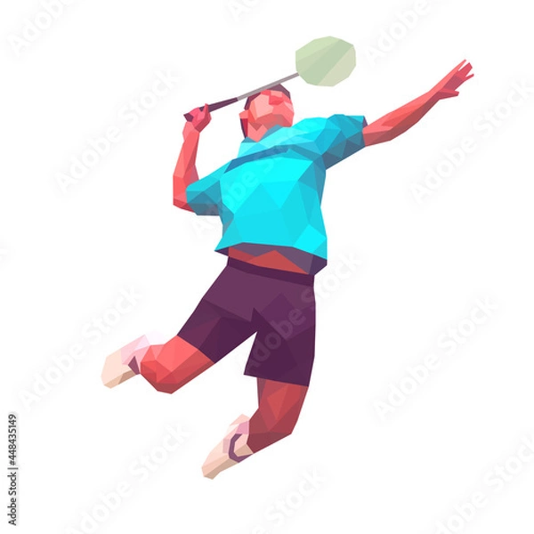Fototapeta Polygonal professional badminton player on colorful low poly background doing smash shot isolated on white background