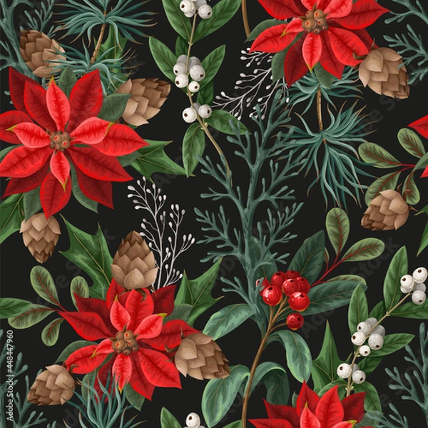 Fototapeta Seamless pattern with poinsettia, pines and hollyberries. Christmas background