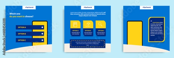 Fototapeta Social media faq, question, answer post banner layout template with geometric shape background and bubble message design element in blue yellow white color