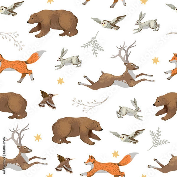 Obraz Christmas seamless pattern with trees and animals. Vector holiday background for print.