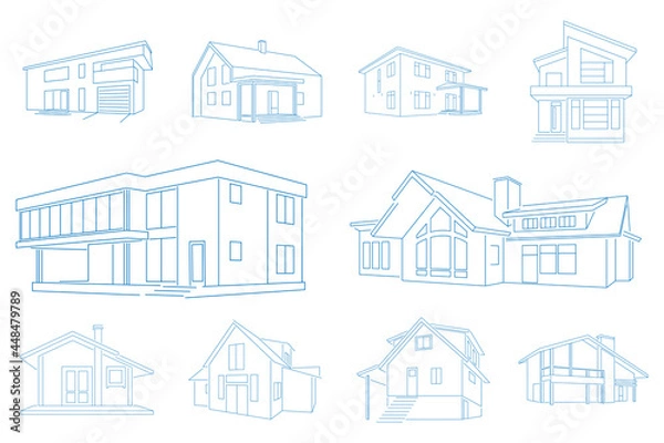 Fototapeta Set of houses drawn by line. Vector image.