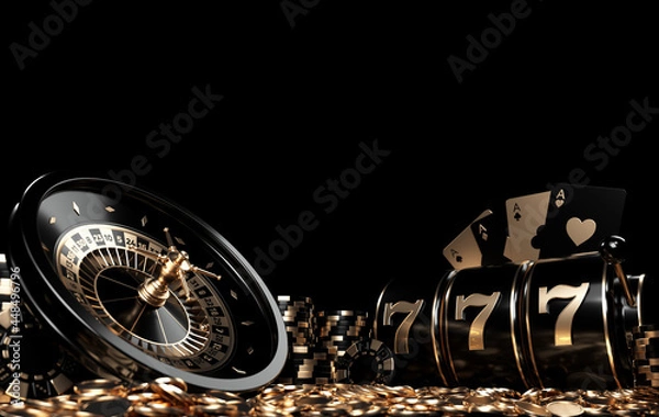 Fototapeta Roulette Wheel, Slot Machine, Four Aces Casino Chips And Coins, Modern Black And Golden Isolated On The Black Background. Empty Space For Logo Or Text  - 3D Illustration	
