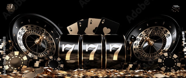 Obraz Roulette Wheels, Slot Machine, Four Aces, Casino Chips, Dices And Coins, Modern Black And Golden Isolated On The Black Background   - 3D Illustration	
