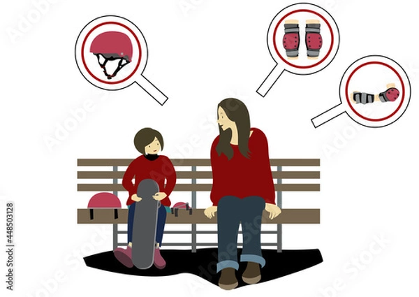Obraz 公園でスケートボードの練習前に、ベンチで子供にプロテクターの大切さを説明する母親のイラスト