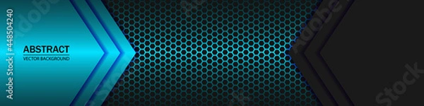 Fototapeta Blue and black arrows on a blue neon hexagonal grid. Geometric shapes on a hexagonal red grid.