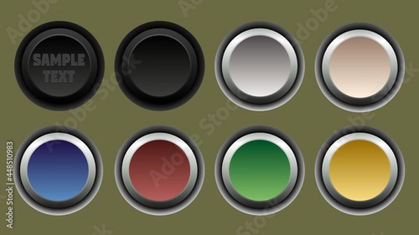 Fototapeta Set of round buttons in different colors. Isolated monochromatic background.  Vector illustration.