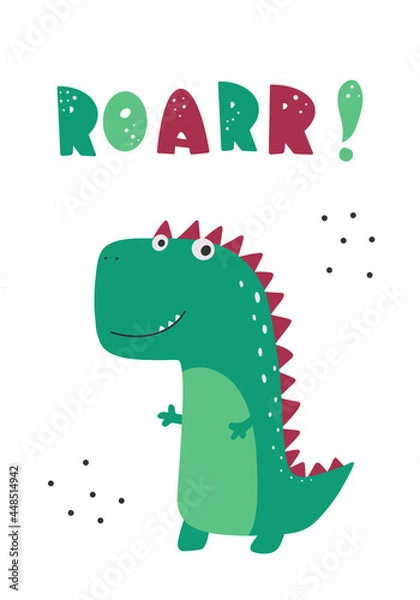 Fototapeta Roar slogan graphic with funny dinosaur cartoons.