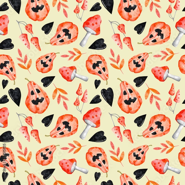 Fototapeta Halloween seamless pattern on ivory colored background. Watercolor Jack o'lantern, toadstools, hearts and leaves cute autumn repeat print.