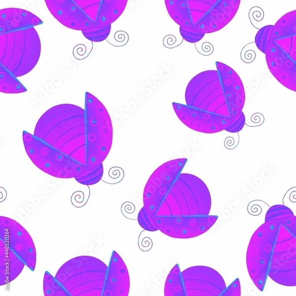 Fototapeta Purple, lilac ladybugs. Seamless pattern. Colored insects on a white background.