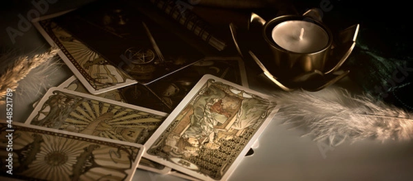 Fototapeta Tarot cards on the table, esoteric concept, fortune telling and predictions