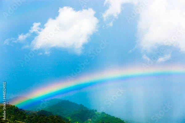 Obraz Colourful rainbow over green mountains.