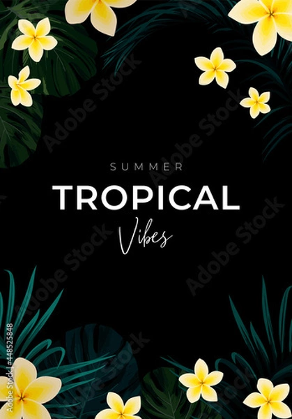 Fototapeta Summer tropical vector design for banner or flyer with dark green palm leaves and flowers.