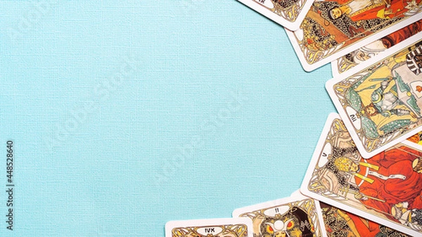 Fototapeta View of Golden tarot cards Frame on the Blue background, esoteric concept, 