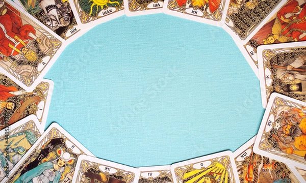 Fototapeta View of Golden tarot cards Frame on the Blue background, esoteric concept, 