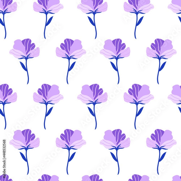 Fototapeta Seamless pattern with cute violet flat flower. Hand drawn vector illustration on white background. Texture for print, fabric, textile, wallpaper.