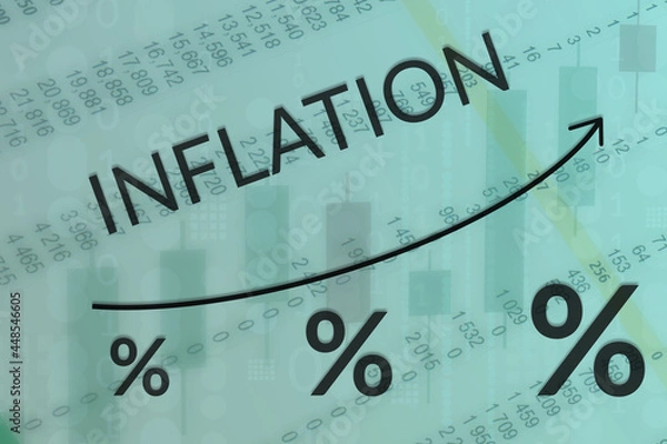 Fototapeta Line graph growth inflation process on blue and green background of columns of numbers and candle graph. Soft focus background