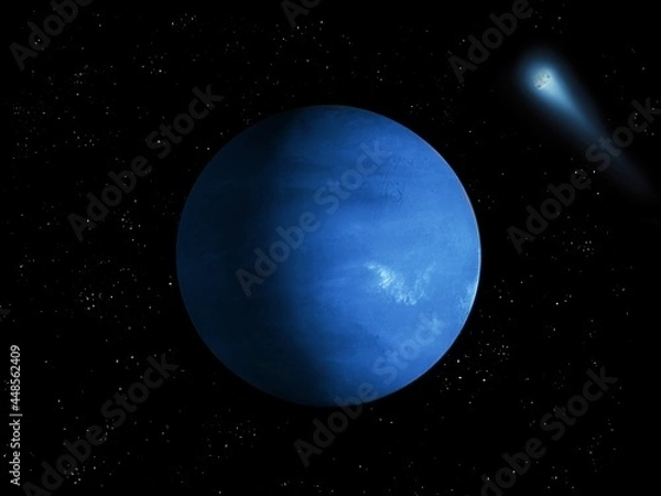Fototapeta Beautiful blue world from another star system. Fantastic exoplanet in space. Planet where life is possible 3d illustration.