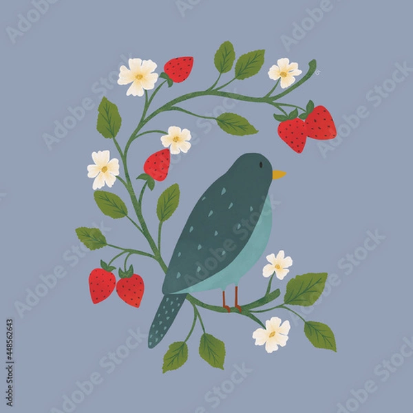 Obraz Ilustração de pássaro azul com flor e morango.