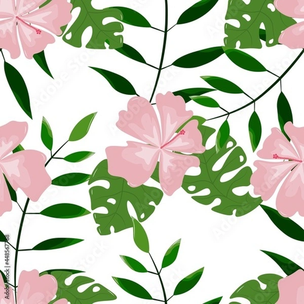 Fototapeta Seamless pattern with tropical plants on a white background. Hibiscus flower and monstera leaves for printing. 