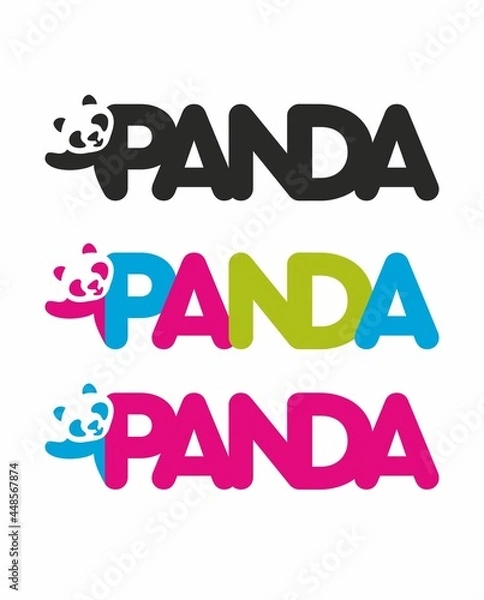 Fototapeta Picture with a funny panda. Set of multicolored vector logos with panda. Logo for shop, cafe, art space, school, kindergarten, web. Children's illustration.
