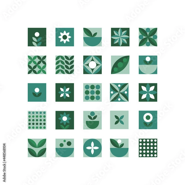 Fototapeta Flat icons square micro green set for decoration design. Isolated vector illustration. Organic natural shape. Abstract icon graphic.