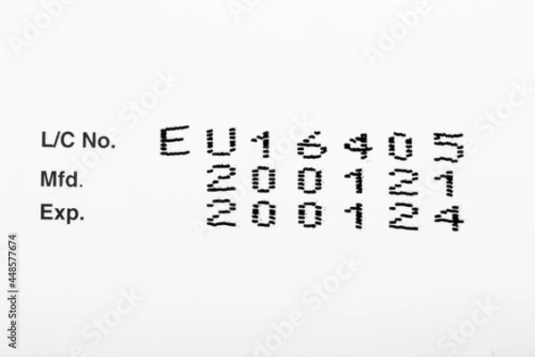 Fototapeta Instruction of lot number, manufacturing date, and expiry date label of a product.