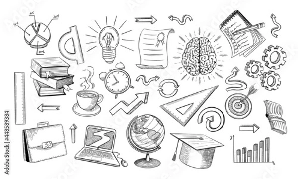 Obraz Online education doodles set. Hand drawn distan learning objects in sketchy vintage style. Vector illustration.
