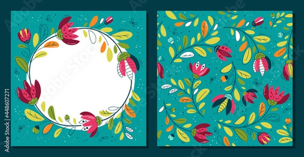 Fototapeta Multicolored flowers in flat style - seamless pattern and framе, banner. Background for fabric, textile, wallpaper, poster, web site, card, gift wrapping paper 